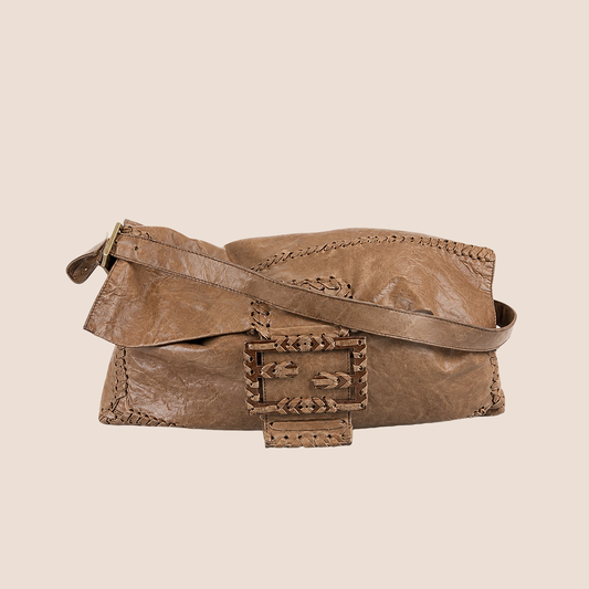 FENDI 2009 BROWN LEATHER WHIPSTITCH JUMBO BAGUETTE BAG