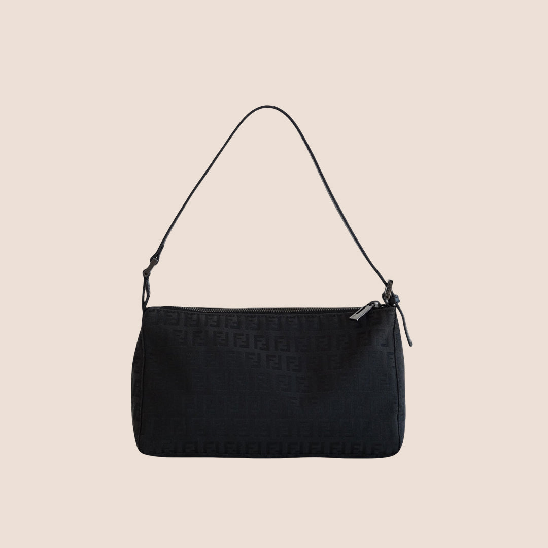 FENDI BLACK ZUCCHINO MINI BAGUETTE SHOULDER BAG