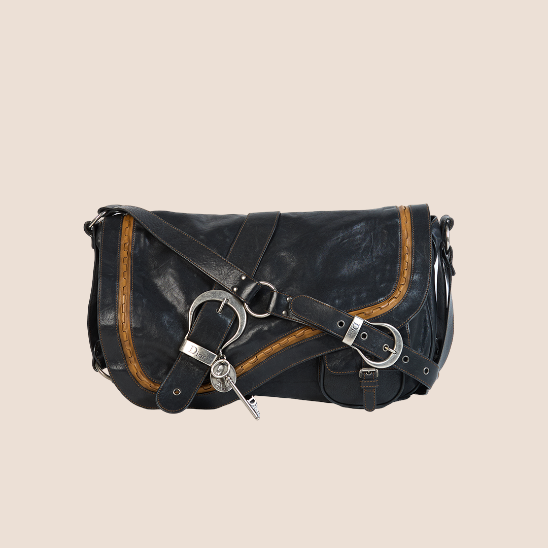 CHRISTIAN DIOR 2006 BLACK LEATHER GAUCHO SADDLE BAG