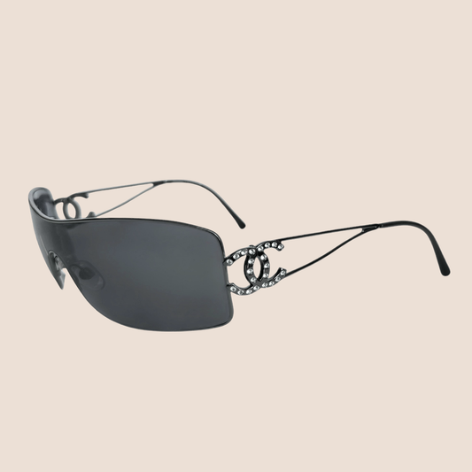 CHANEL 1990s DARK GREY CRYSTAL CC LOGO CLEAR SUNGLASSES