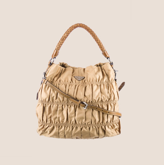 PRADA BROWN TESSUTO GAUFRÉ HOBO BAG