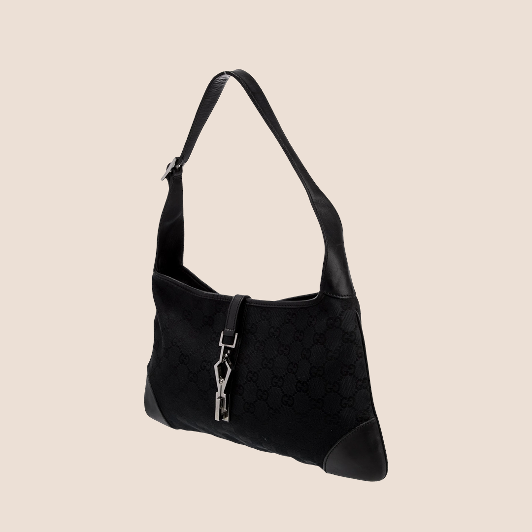 GUCCI BLACK GG MONOGRAM CANVAS & LEATHER JACKIE BAG