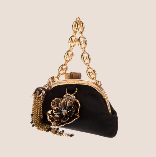 GUCCI BLACK SATIN FLOWER EMBELLISHED BAMBOO LOCK MINI CHAIN CLUTCH