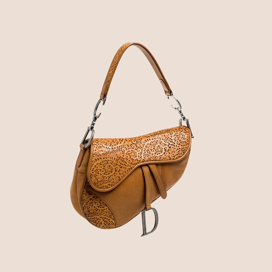 CHRISTIAN DIOR 2005 CARAMEL BROWN PERFORATED SADDLE BAG