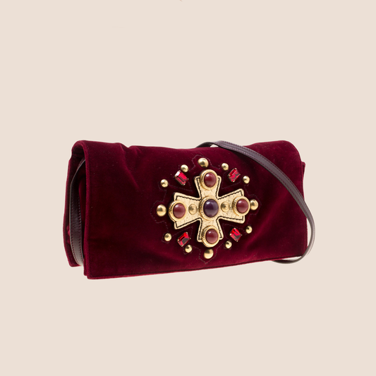 YVES SAINT LAURENT RED VELVET CROSS VENISE SHOULDER BAG