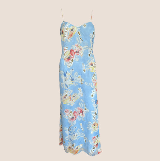 CHRISTIAN DIOR SS 2001 BLUE FLORAL DOMINO SILK DRESS