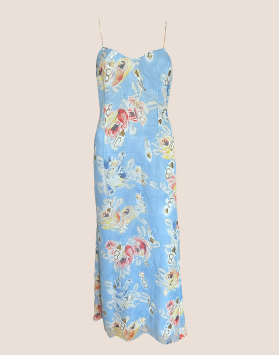 CHRISTIAN DIOR SS 2001 BLUE FLORAL DOMINO SILK DRESS