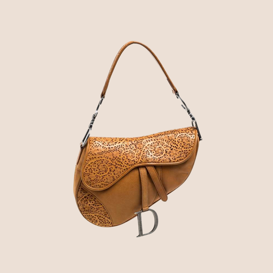 CHRISTIAN DIOR 2005 CARAMEL BROWN PERFORATED SADDLE BAG