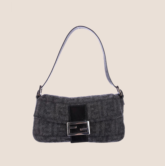 FENDI GREY ZUCCA WOOL BAGUETTE BAG