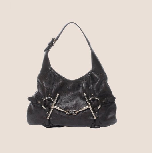GUCCI BLACK LEATHER 85TH ANNIVERSARY GG MONOGRAM HOBO BAG