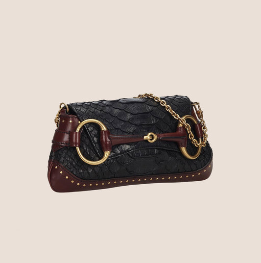 GUCCI BURGUNDY & BLACK PYTHON HORSEBIT CHAIN CLUTCH BAG