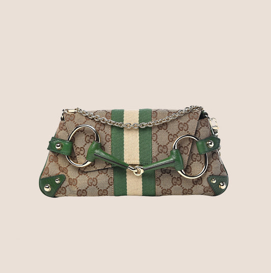 GUCCI BROWN & GREEN GG MONOGRAM HORSEBIT CHAIN CLUTCH BAG