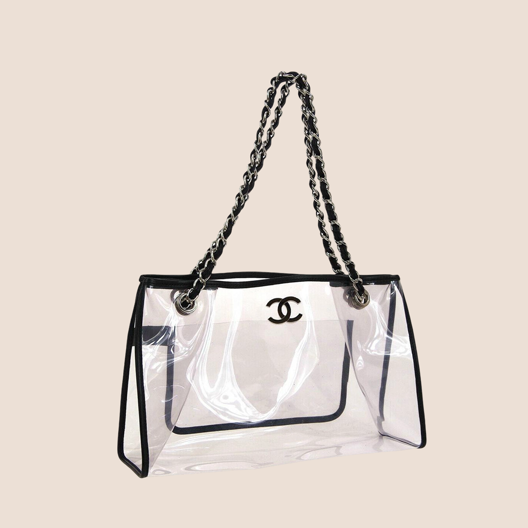 CHANEL CLEAR BLACK LEATHER TRIM SHOPPER CARRYALL TOTE BAG