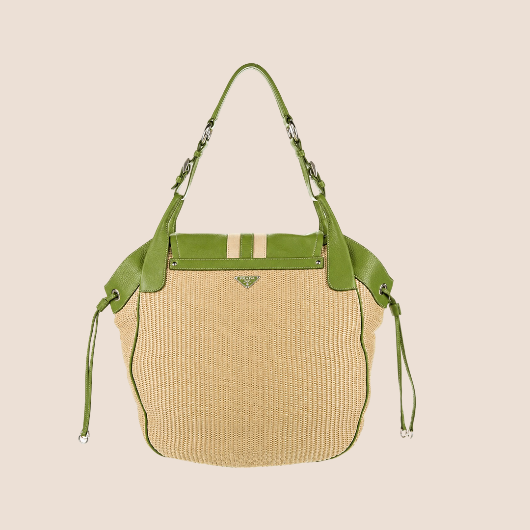 PRADA 2000 GREEN VITELLO LEATHER & WICKER HOBO BAG