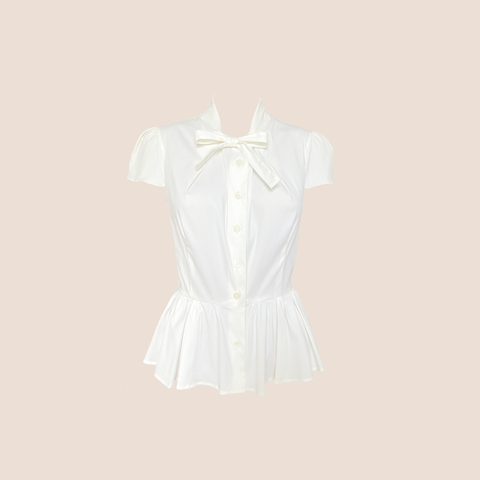 PRADA WHITE COTTON BOW RUFFLE SHIRT