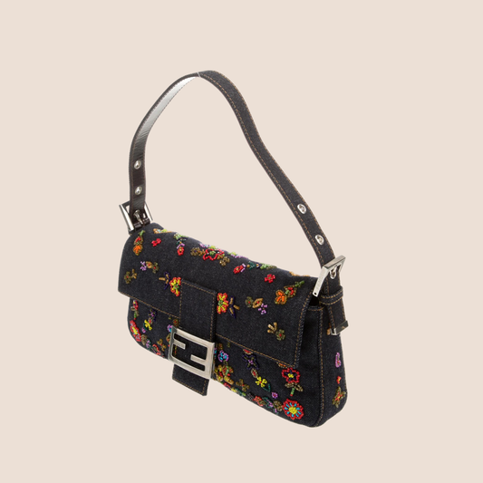 FENDI FLORAL EMBROIDERED DENIM BAGUETTE BAG