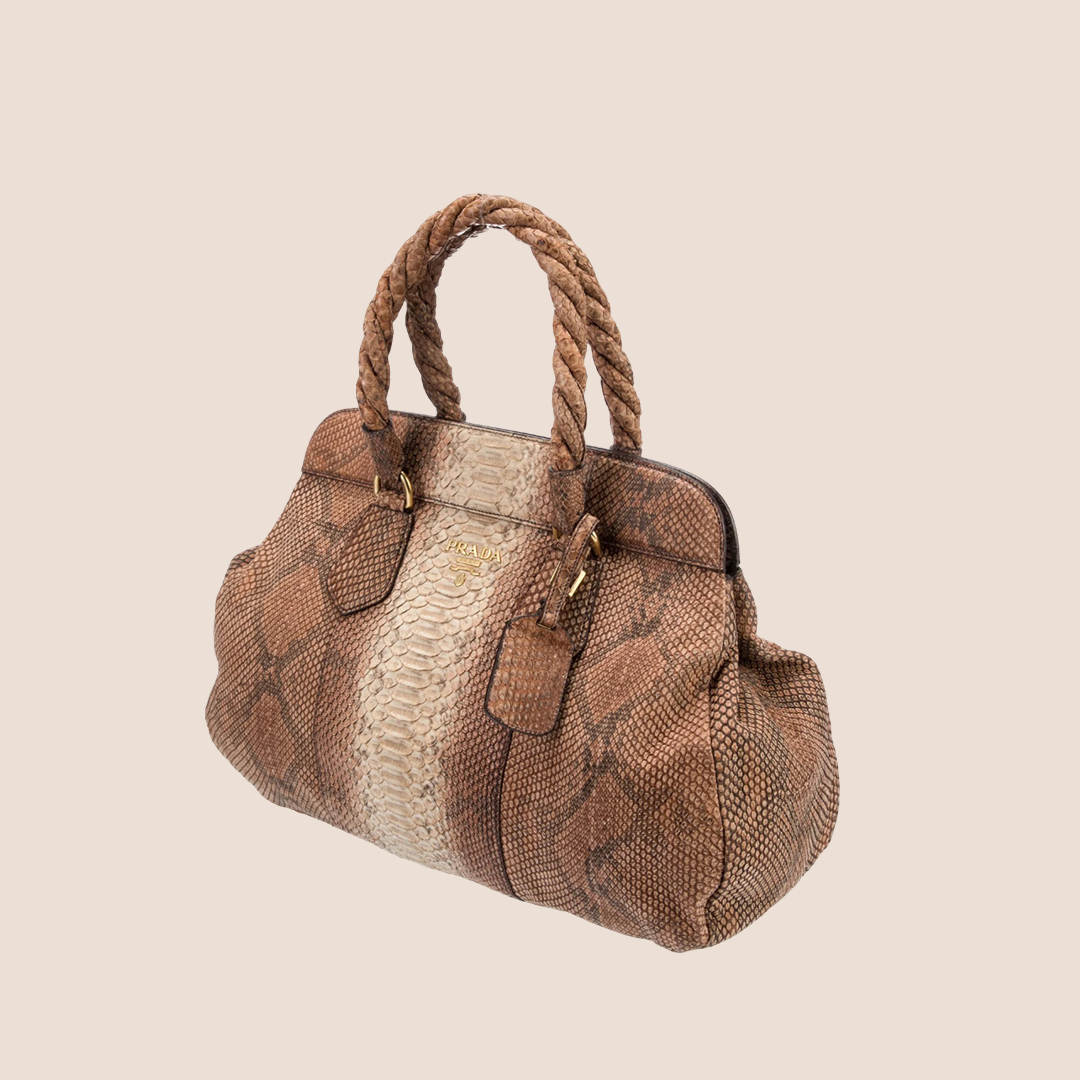 PRADA BROWN PITONE TOP HANDLE BAG