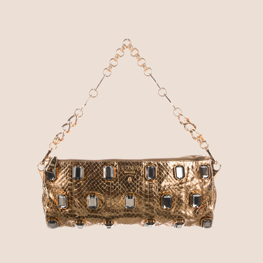 PRADA GOLD EMBOSSED PYTHON METALLIC CRYSTAL CHAIN BAG