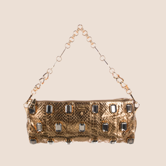 PRADA GOLD EMBOSSED PYTHON METALLIC CRYSTAL CHAIN BAG
