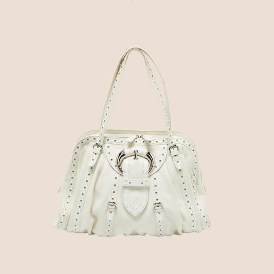 CHRISTIAN DIOR WHITE LIZARD LEATHER BUCKLE ZIP SATCHEL