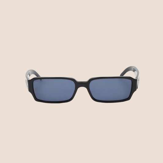 CHANEL 90s BLACK RHINESTONE LOGO RECTANGLE SUNGLASSES