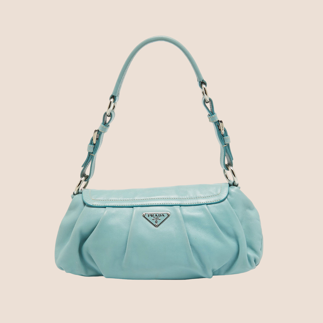 PRADA 2000 BLUE PLEATED LEATHER CROCO PUSHLOCK BAGUETTE BAG