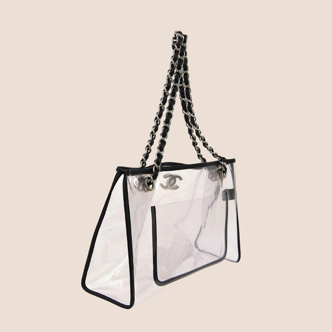 CHANEL CLEAR BLACK LEATHER TRIM SHOPPER CARRYALL TOTE BAG