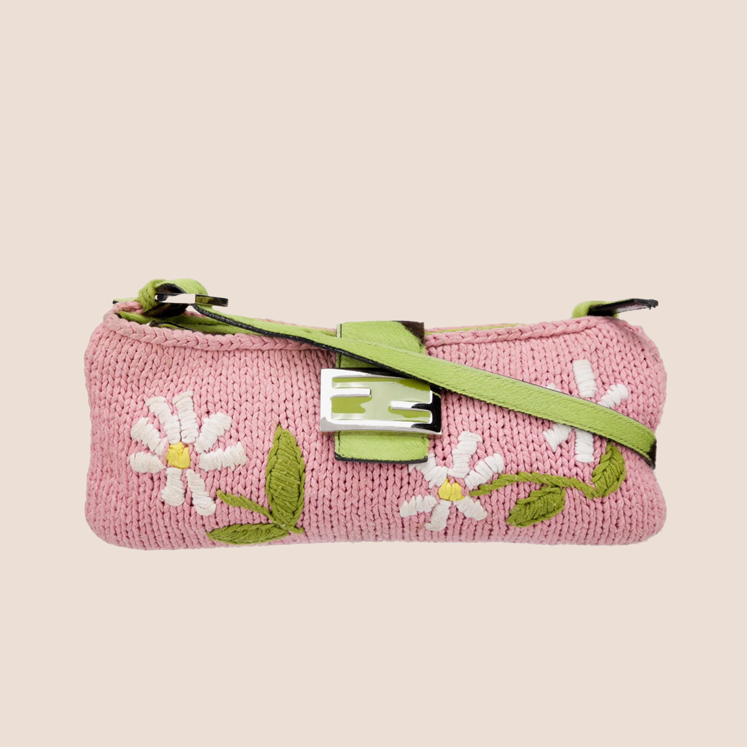FENDI 2000 PINK KNIT FLORAL MINI BAGUETTE BAG