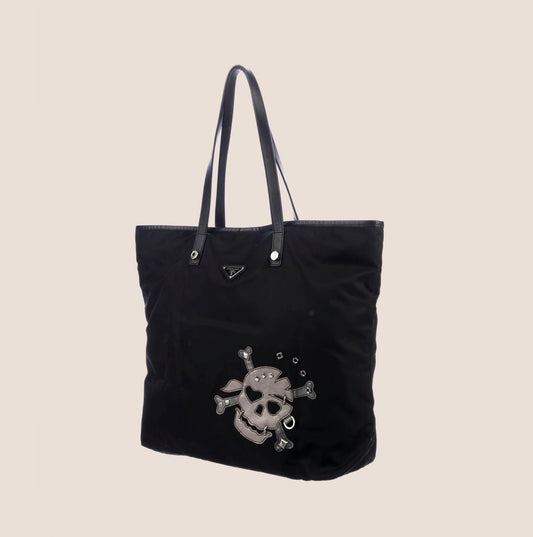 PRADA BLACK SKULL PATCH NYLON TOTE