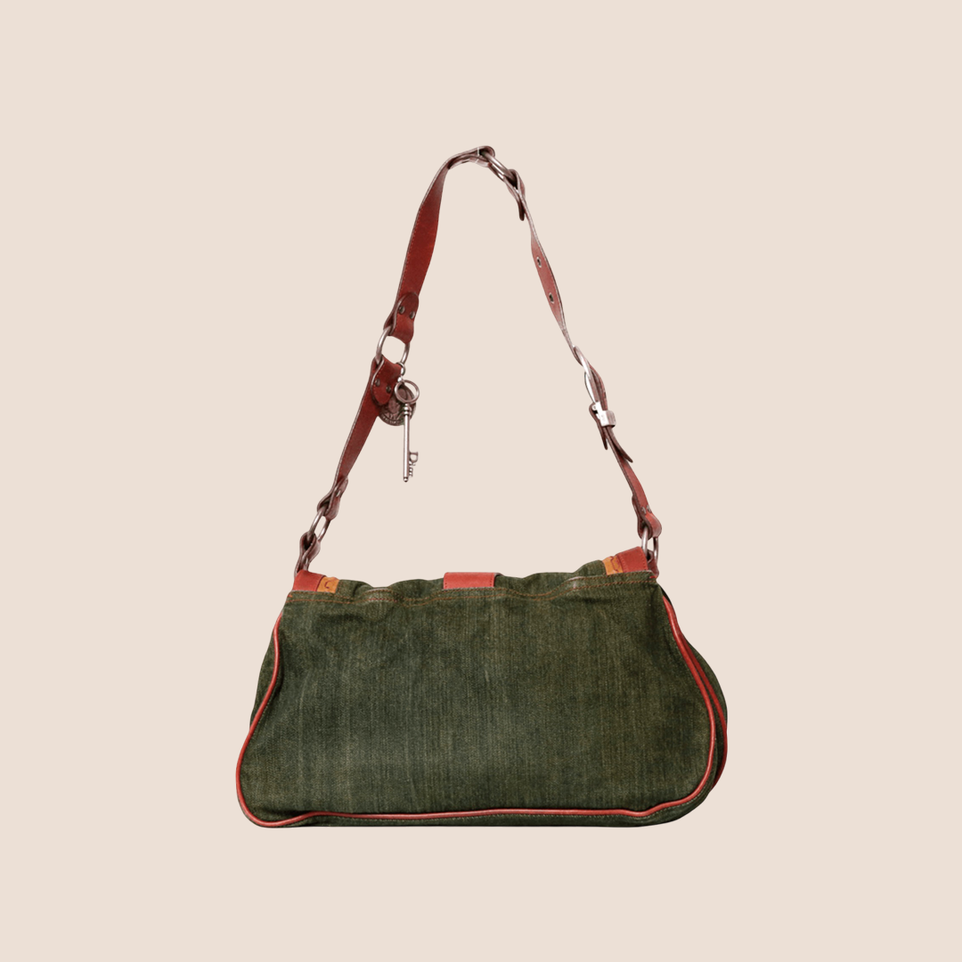 CHRISTIAN DIOR 2006 WASHED DENIM RED LEATHER DOUBLE SADDLE SHOULDER BAG