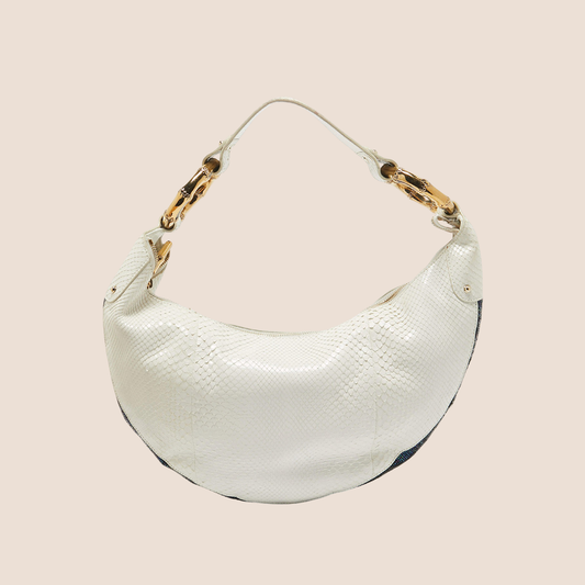GUCCI WHITE PYTHON & BEADS BAMBOO RING HOBO BAG