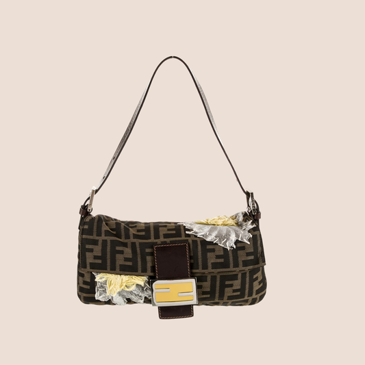 FENDI BROWN EMBROIDERED FLORAL ZUCCA BAGUETTE BAG