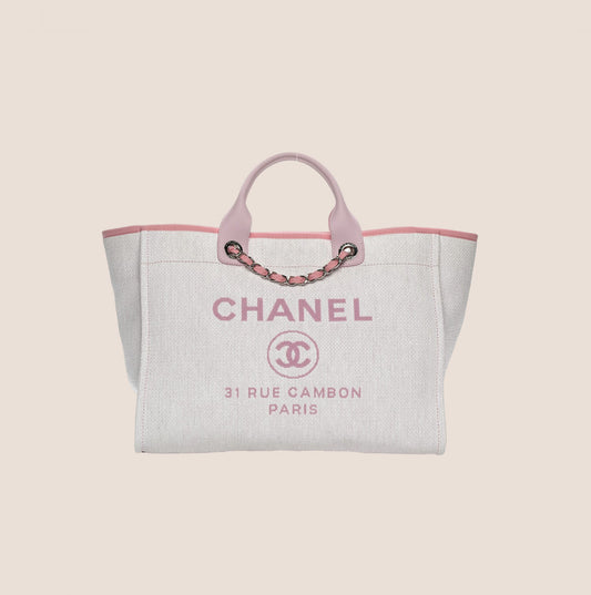 CHANEL PINK & BEIGE CANVAS DEAUVILLE TOTE BAG