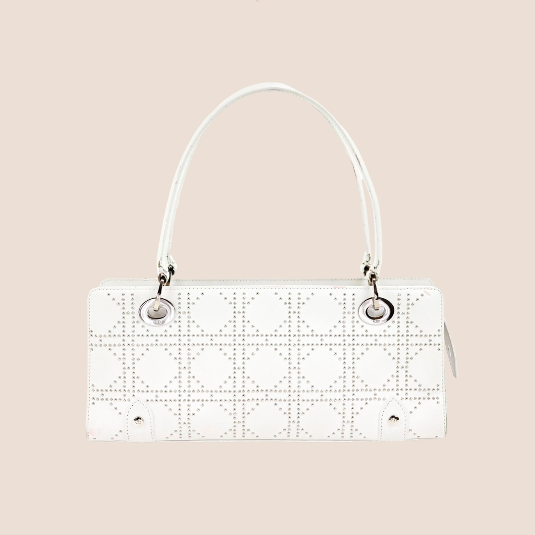 CHRISTIAN DIOR WHITE LEATHER CANNAGE EAST WEST LADY DIOR TOTE BAG
