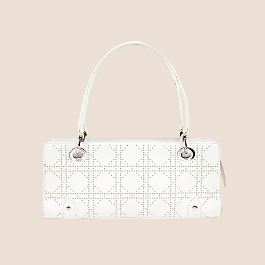 CHRISTIAN DIOR WHITE LEATHER CANNAGE EAST WEST LADY DIOR TOTE BAG