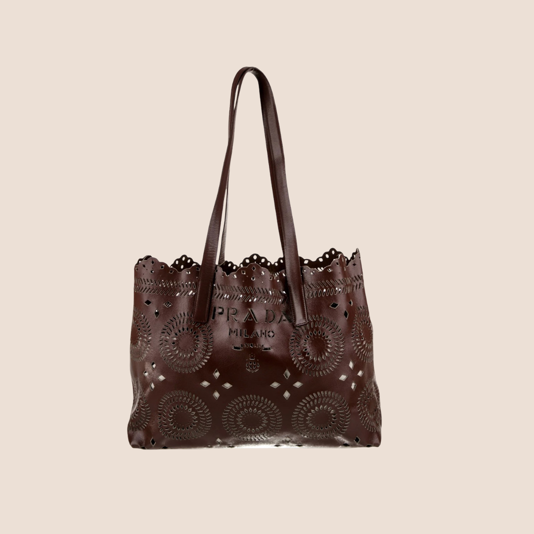 PRADA BROWN CALF LASER CUT CITY TOTE BAG