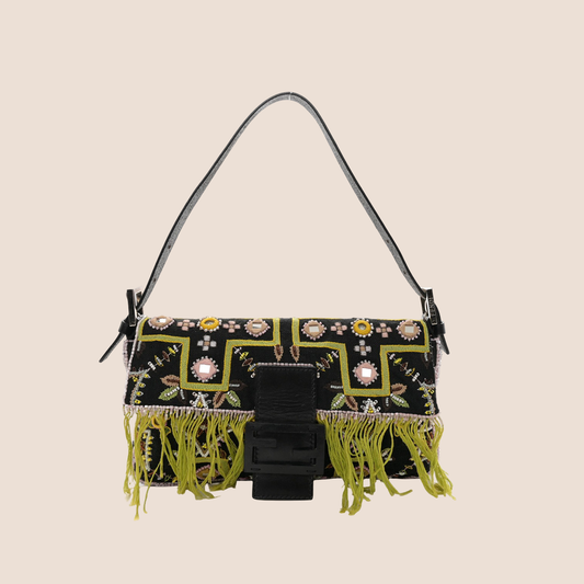 FENDI 1999 BLACK SATIN BEADED BAGUETTE BAG