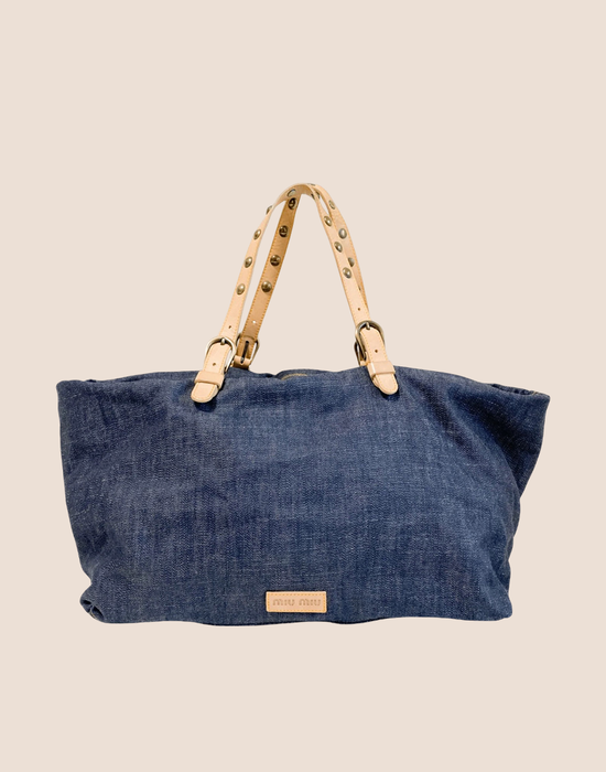 MIU MIU 2000 BLUE DENIM STUDDED TOTE BAG