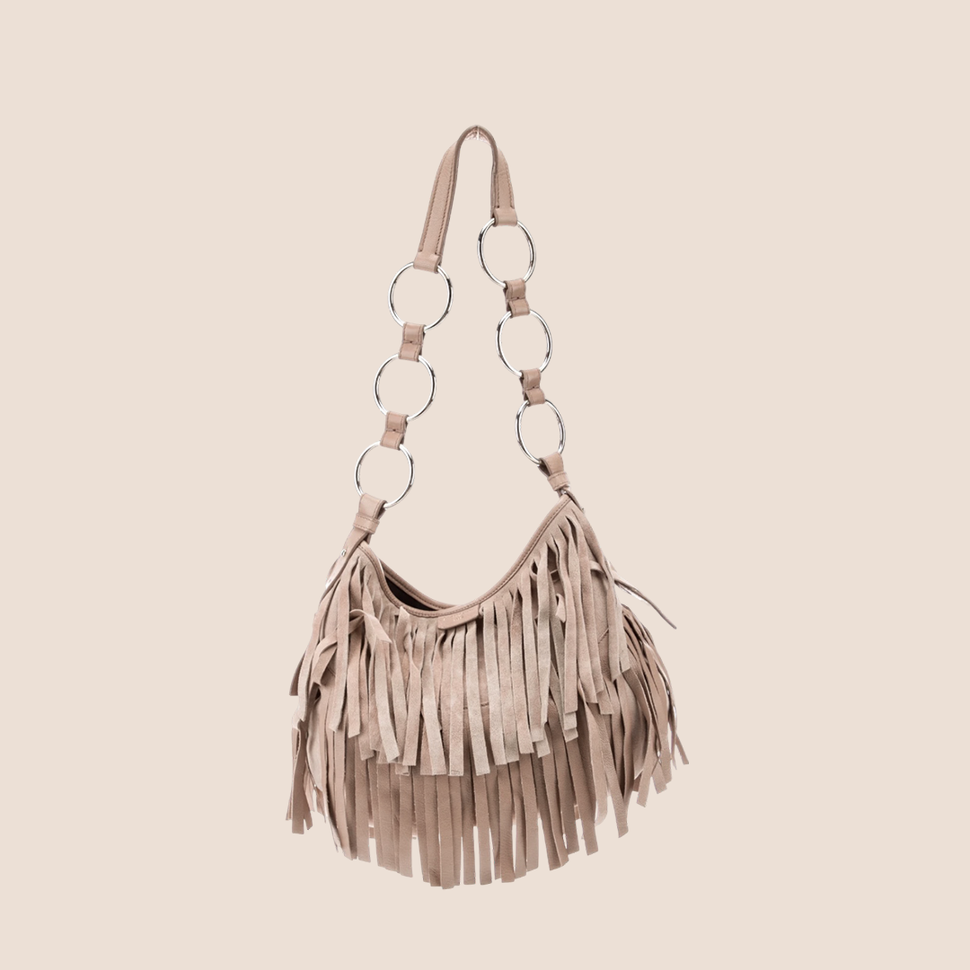YVES SAINT LAURENT CREAM SUEDE RIVE GAUCHE FRINGE BAG