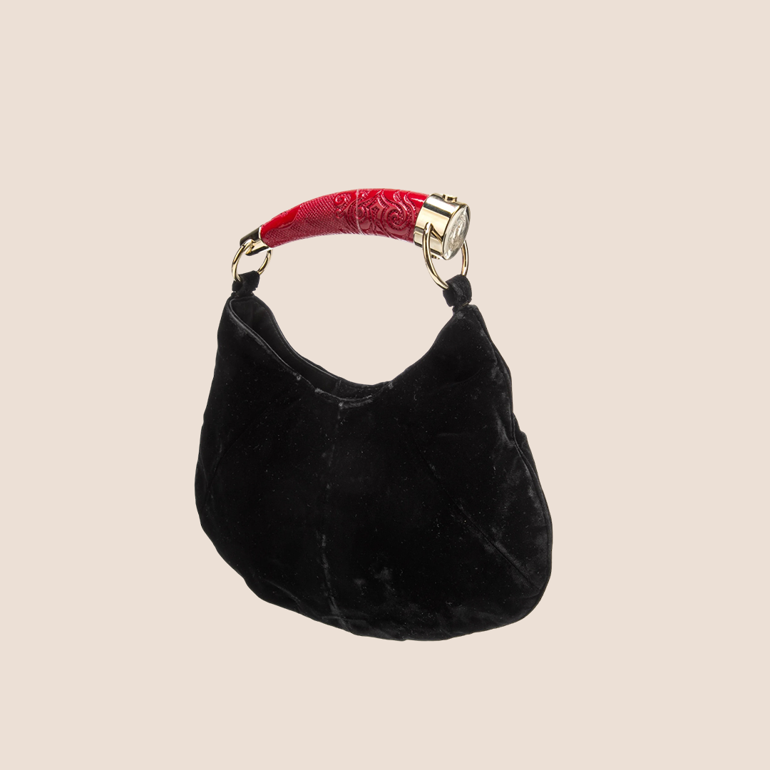 YVES SAINT LAURENT BLACK VELVET RED TOP HANDLE BAG