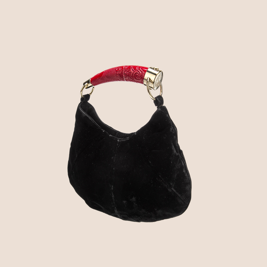 YVES SAINT LAURENT BLACK VELVET RED TOP HANDLE BAG