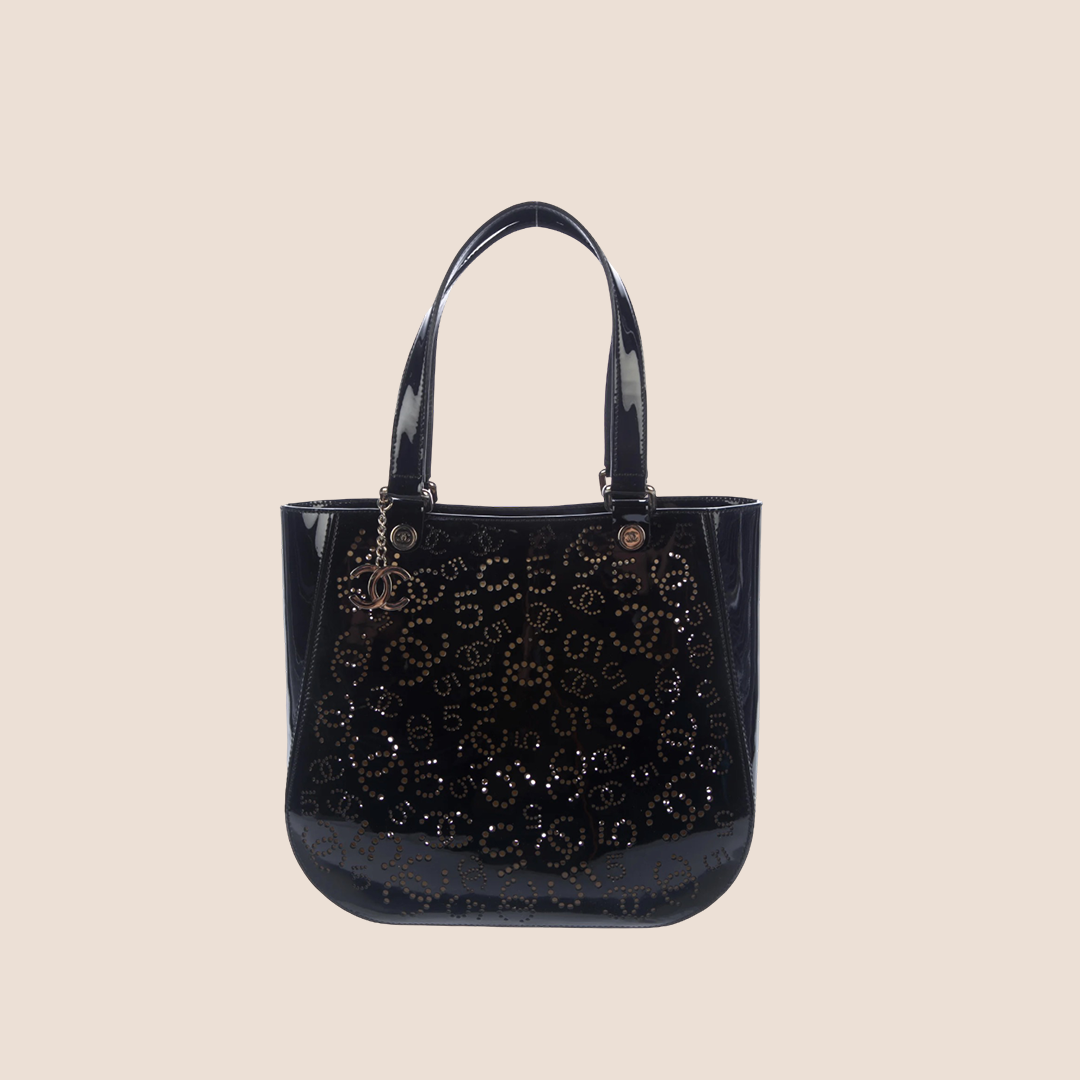 CHANEL BLACK PATENT PERFORATED CC TOTE BAG