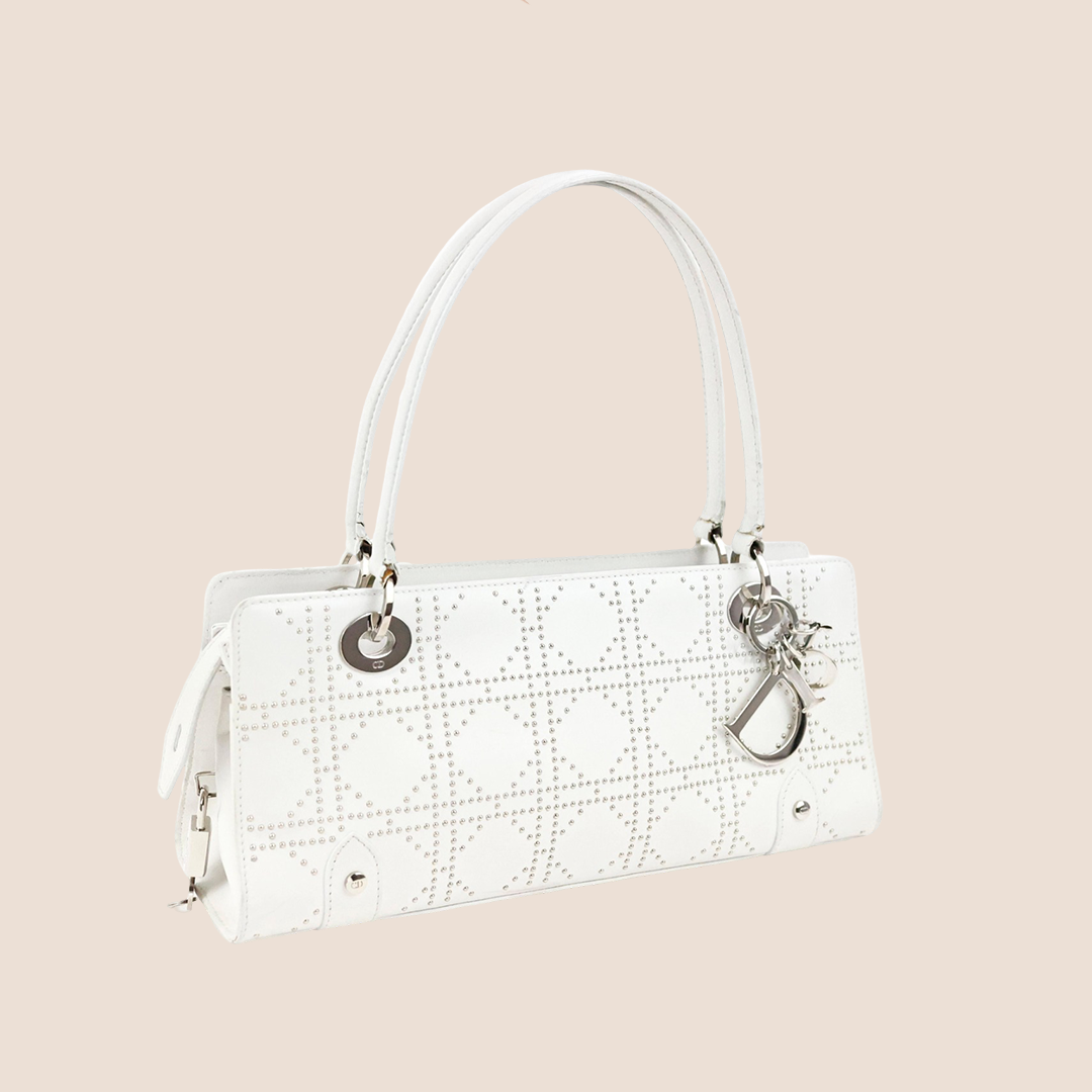 CHRISTIAN DIOR WHITE LEATHER CANNAGE EAST WEST LADY DIOR TOTE BAG