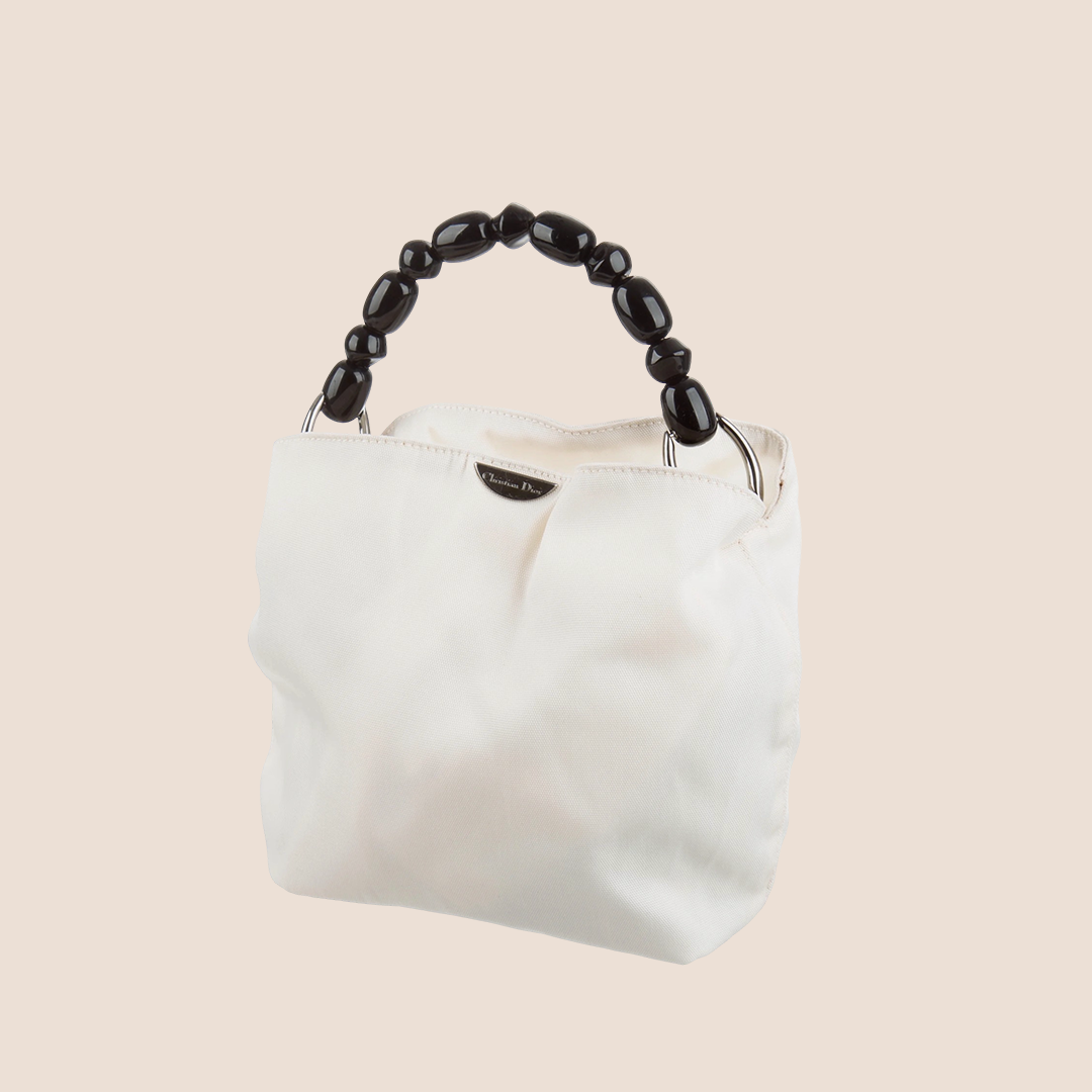 CHRISTIAN DIOR WHITE NYLON BEADED HANDLE MALICE TOTE BAG