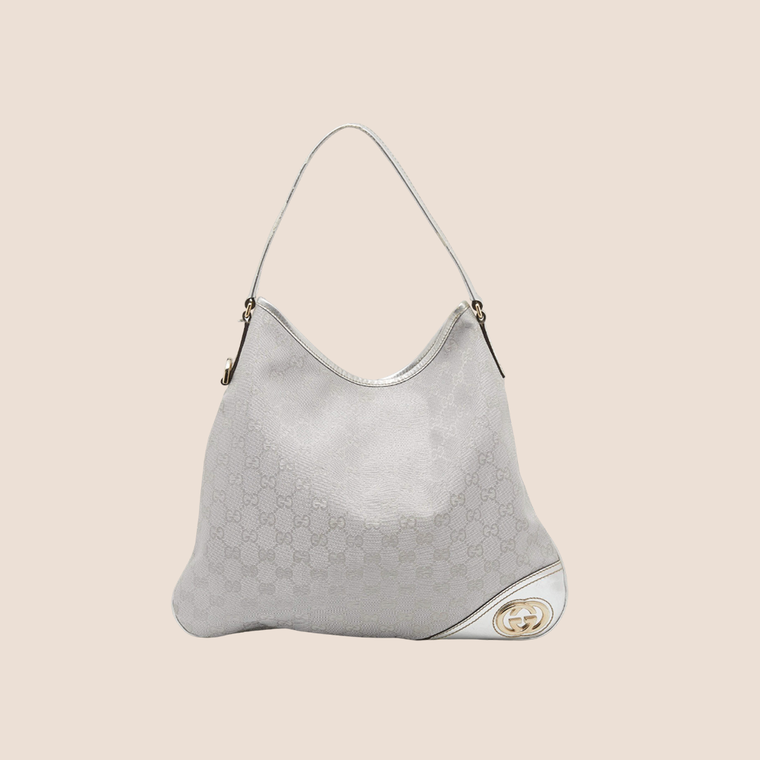 GUCCI 2000 SILVER METALLIC MONOGRAM CANVAS BRITT HOBO BAG