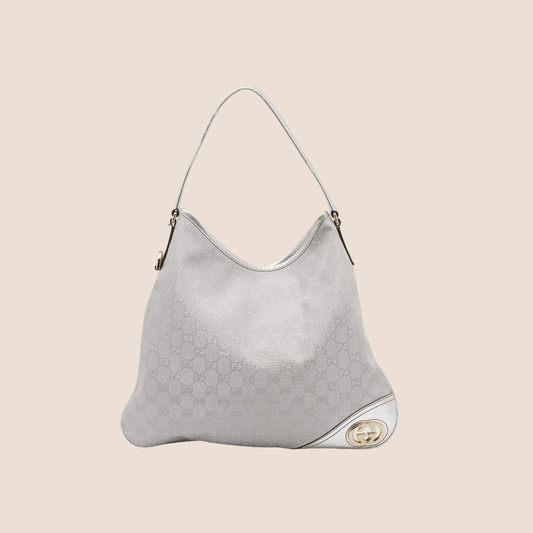 GUCCI 2000 SILVER METALLIC MONOGRAM CANVAS BRITT HOBO BAG