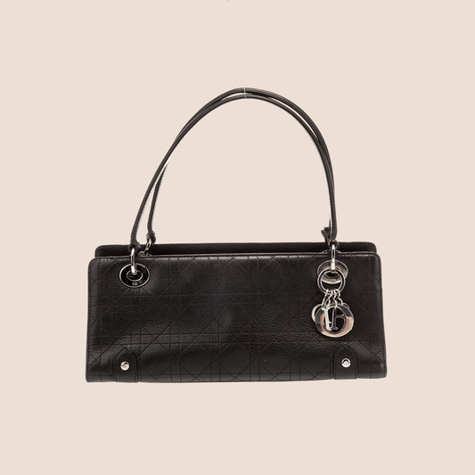CHRISTIAN DIOR BLACK LEATHER CANNAGE EAST WEST LADY DIOR TOTE BAG
