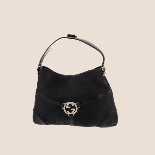 GUCCI BLACK CANVAS REINS SHOULDER BAG