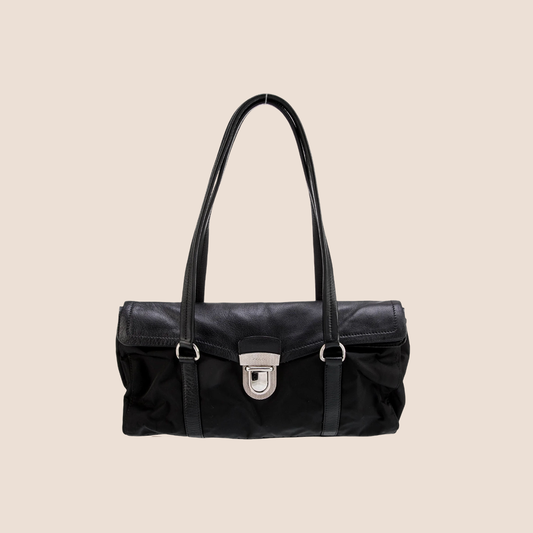 PRADA BLACK NYLON & LEATHER FLAP BAG