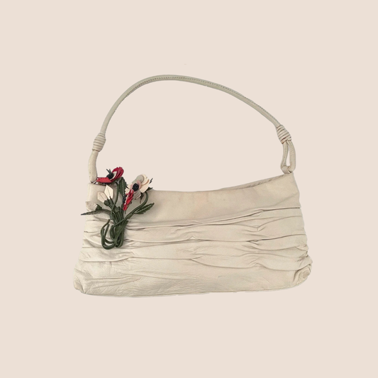 PRADA WHITE NAPPA PLISSE FLORAL SHOULDER BAG